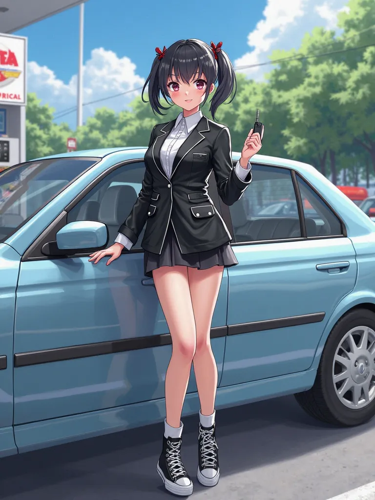   Japanese、     black hair、   twin tail on leg  、smile、  big eyes、  I'm wearing a shiny black leather suit、  white shirt、 Thailand、  black skirt 、 黒いThailandツ 、   shiny black high top sneakers、I have the keys、   gas station 、Light blue sedan、3d