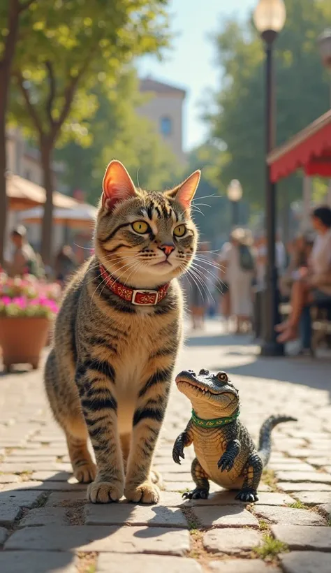 "A charming and confident cat, with a well-kept coat and an elegant collar, walking proudly through the square.  on its side, a small and curious alligator cub, wearing a colorful collar and being gently guided by the cat. The alligator seems calm and cont...