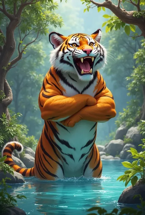 In a beautiful forest there is a clear blue spring a huge, muscular tiger is standing on its back legs with its hands clasping its belly laughing 