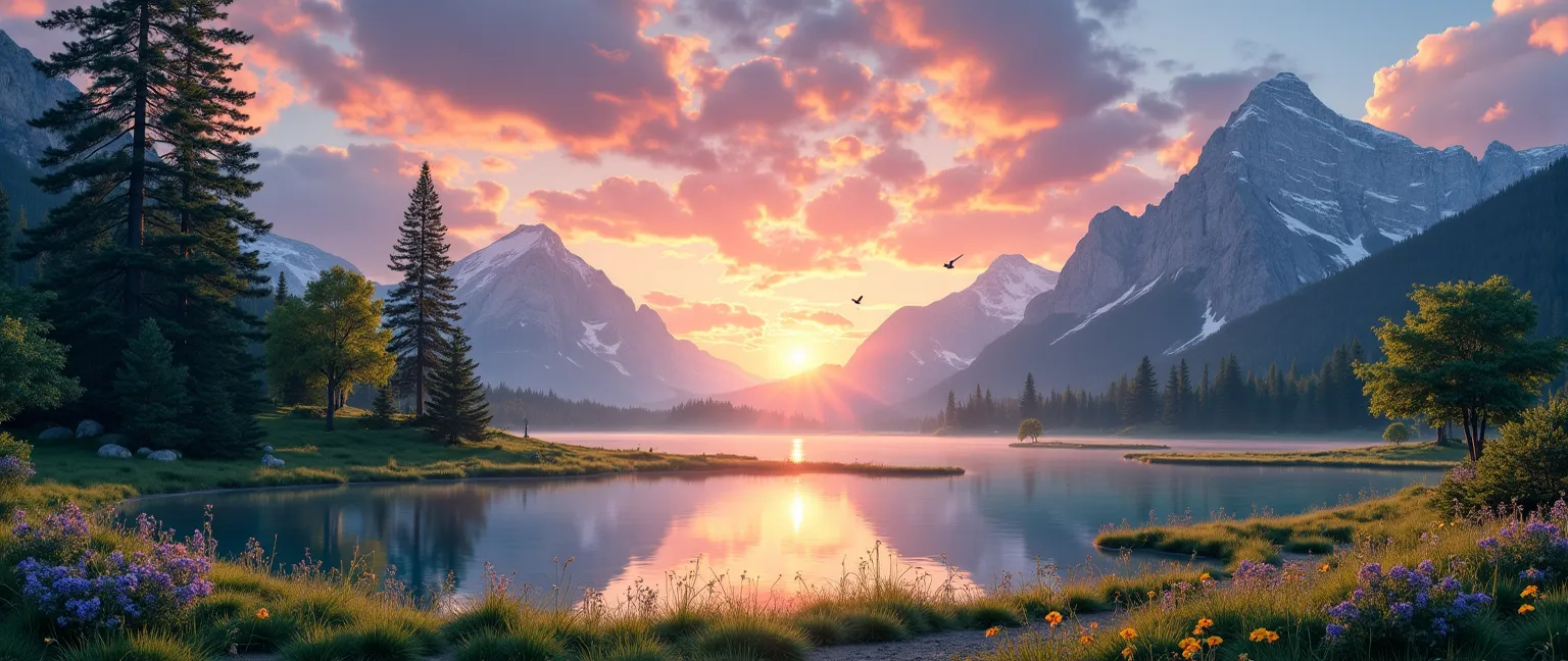 A breathtakingly realistic and intricate landscape depicting a tranquil mountain scene at sunset. The sky is a vivid canvas of swirling pinks, oranges, and purples, with the sun dipping below the horizon, casting a warm golden glow over the landscape. In t...