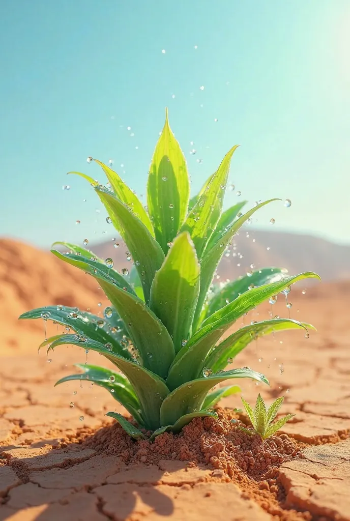 A pretty plant placing agricultural hydrogel on it in a desert field 