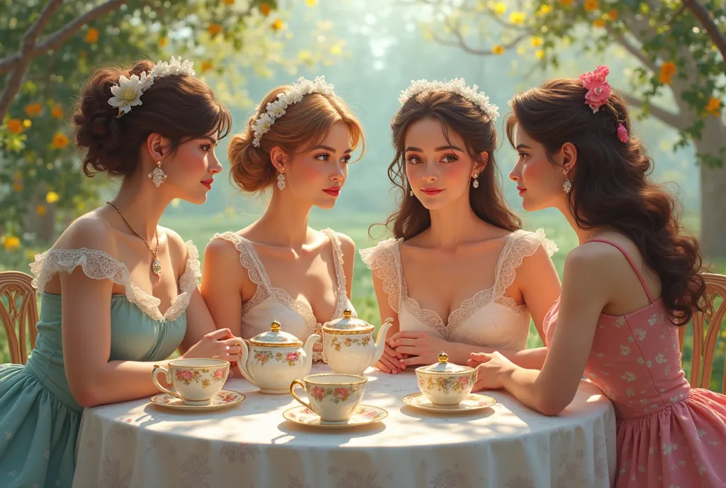 there is a tea party table for girls、tools such as teapots are placed、I'm watching from a distance how 4 women are gathering around it　Women all look different