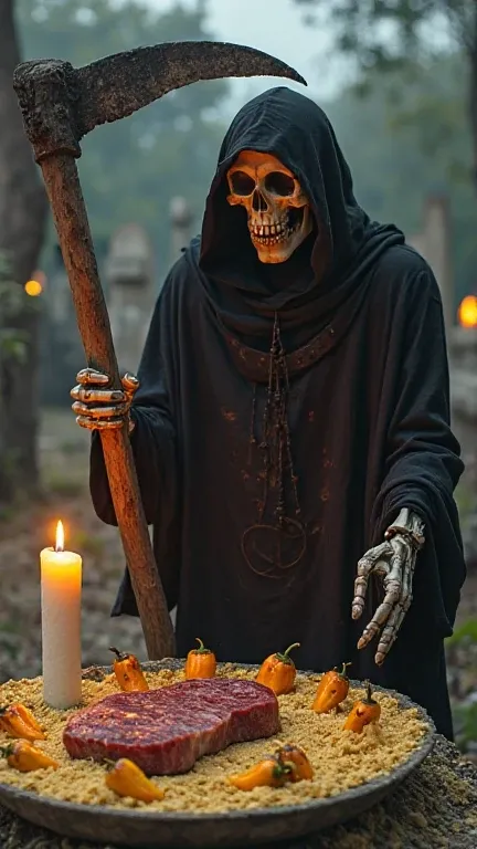  Exu Tata Caveira  (A skeletal man, dressed all in black with a large sickle with a wooden handle in the hand)  in a cemetery (garden with land) with circled catacombs and burning candles (white candle) looking at an offering ( Exu Tata Caveira  está agach...