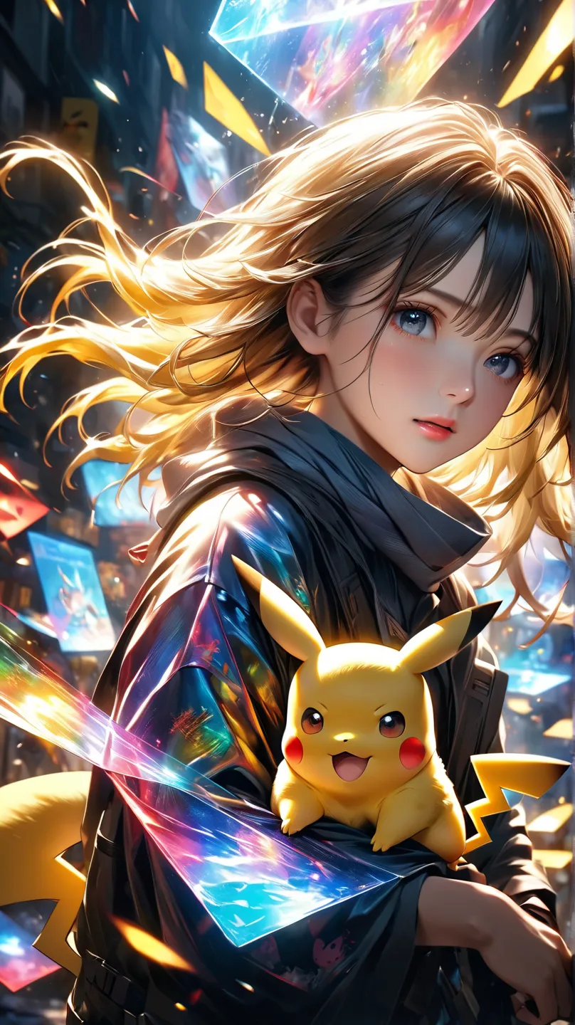  Pikachu,大きな Pikachu, Pikachu, powerful ,god々Shii, Wrapped in Light ,, In the midst of chaos, god々しくgod聖な, realistic, 8k, とてもよく詳Shii, Dramatic Lighting, Vivid Colors, 超realisticで抽象的な, holographic effect like light