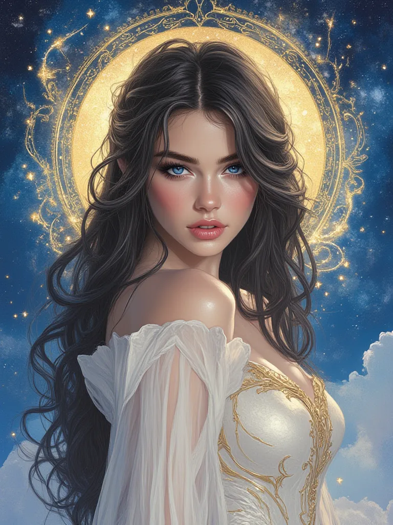 oil painting hyperrealistic fantasy, beautiful 25-year-old Russian woman with Russian features, long and wavy jet black hair, sapphire blue eyes, shiny reddish lip gloss, white skin de porcelana como muñeca,  pink cheeks, Shiny silver long dress with shiny...