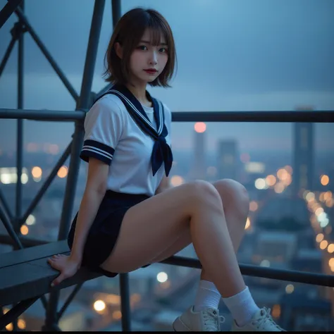 Skytree,  Illuminations,   A woman sits at the top of the steel frame of a tall radio tower:1.331,  Dangerous Borderline  , side view,  from side:1.8, (best quality:1.4),   32k high resolution UHD  , (masterpiece:1.2),   Extremely Detailed Live Action , (r...