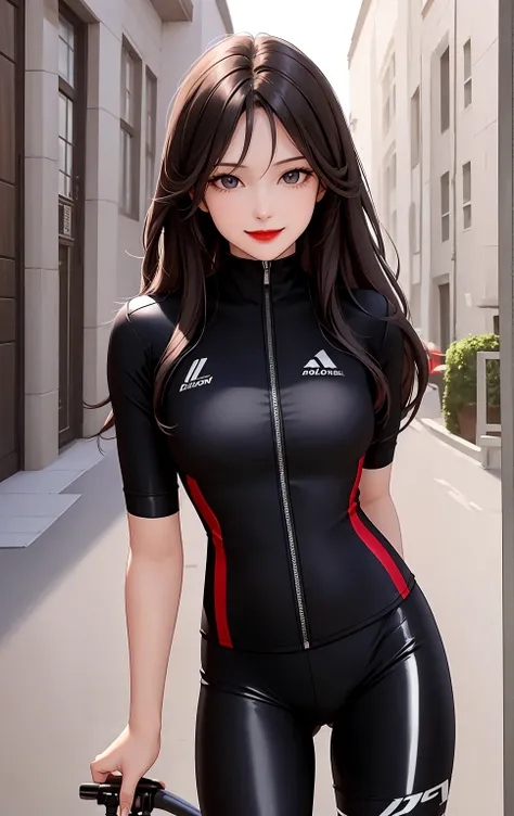 woman , long hair brown, normal, dark, she is solo, from alternative world ,best quality, realistic, cycling (full black shiny color) suit and cycling sports black shorts, she is stand , smile, red lipstick , 