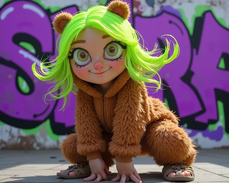 green hair girl, capybara costume, violet and black graffiti background, funny pose, funny expression, full body focus, postcard style.