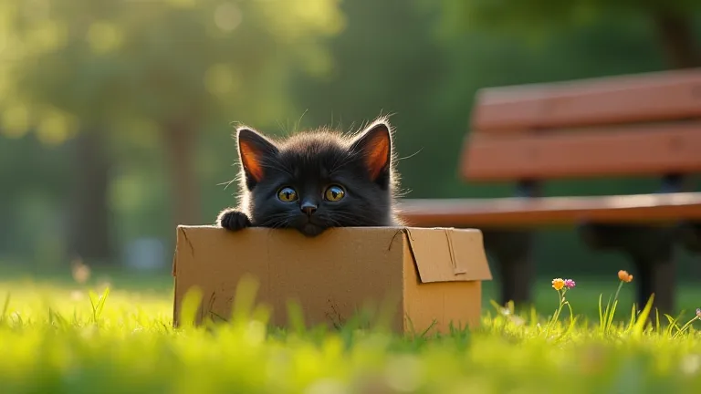 view from above An abandoned cardboard box in a park, Disney-Pixar style. A black kitten with big, shiny eyes peeks out of the box. next to a wooden park bench