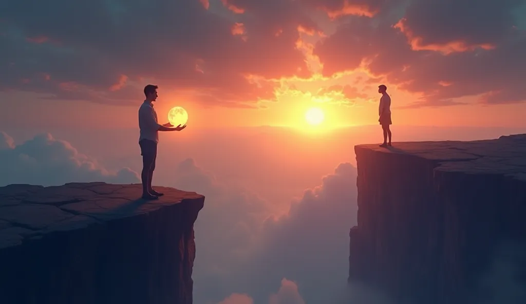 "A dramatic, inspiring illustration of a person standing at the edge of a cliff, with the vast world below them, bathed in the soft glow of a rising sun. In their hands, they hold a symbolic glowing orb, representing their energy and spiritual power. One s...