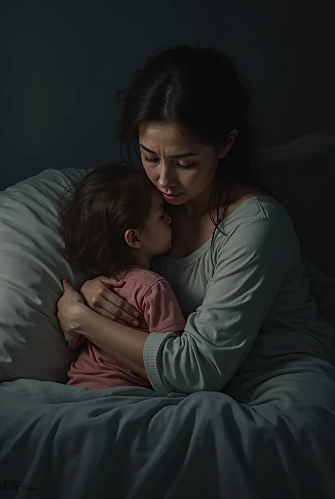 Mother and two-year-old daughter alone in a room with a dark background, mothering alone