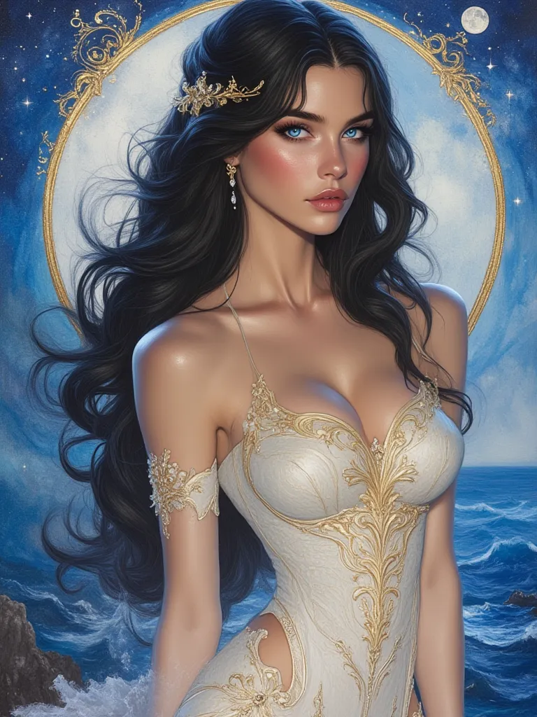 oil painting hyperrealistic fantasy, beautiful 25-year-old Russian woman with Russian features, long and wavy jet black hair, sapphire blue eyes, shiny reddish lip gloss, white skin de porcelana como muñeca,  pink cheeks, Shiny silver long dress with shiny...