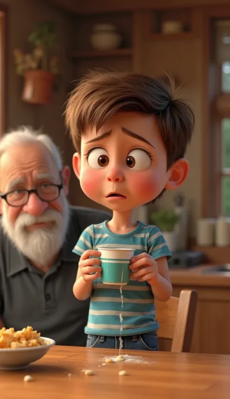 Create a Disney Pixar style medium close-up shot of Sam, a  boy with short brown hair, wearing a striped blue t-shirt and denim shorts in a cozy wooden kitchen. The subject is placed at the center of the frame and is holding the leaking cup with a confused...