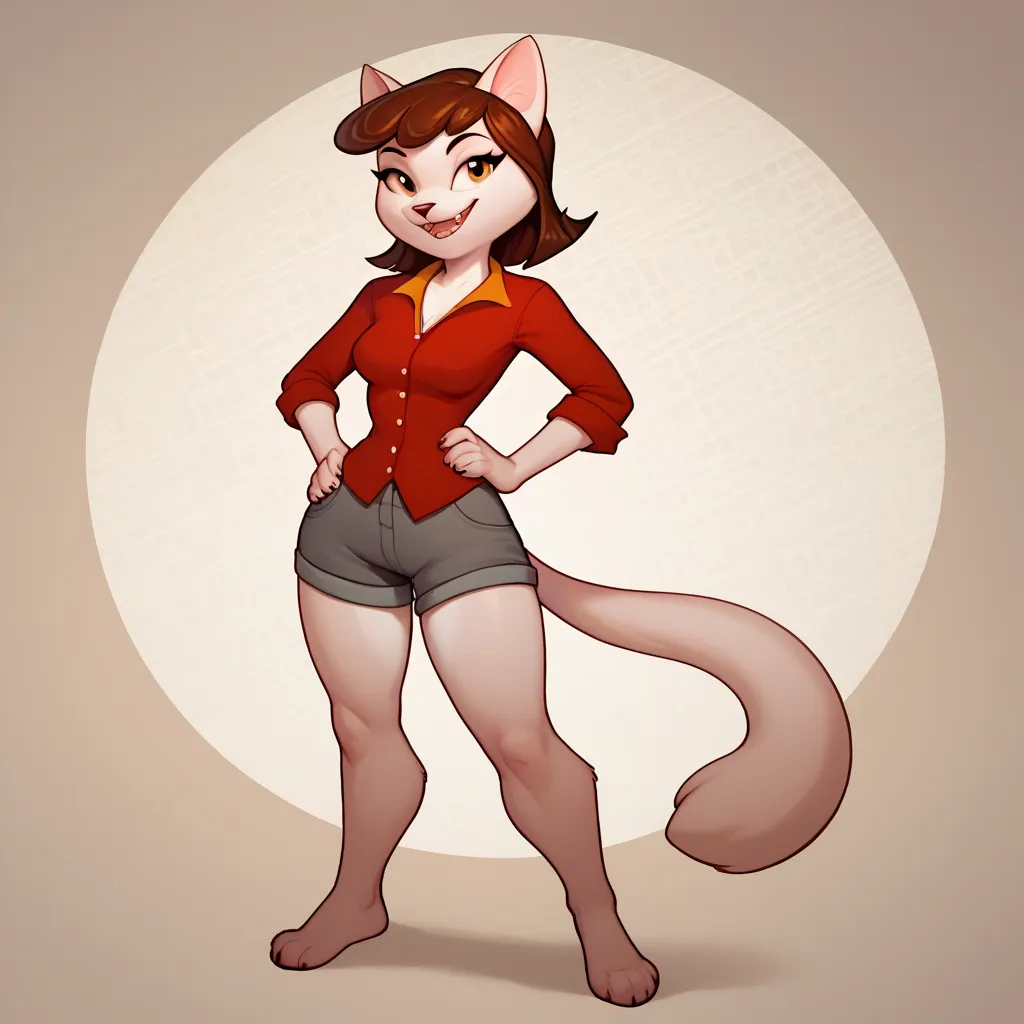 score_9, 1girl, solo, anthro, furry, feline, maggie, pink fur, brown hair, red collared shirt, gray shorts, , hands on hips, full body, smiling, pattern background, standing, 