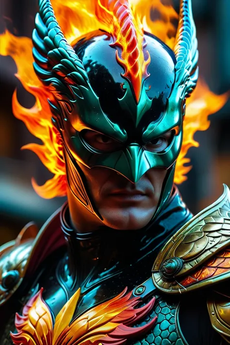 close up of a person wearing a costume, firestorm, detailed cinematic photography, ares, shot on sony a 7 iii, highly detailed character design, phoenix flames, metabaron, mysterio, fiery bird, moviestill, by Viktor Oliva, large metal jaw