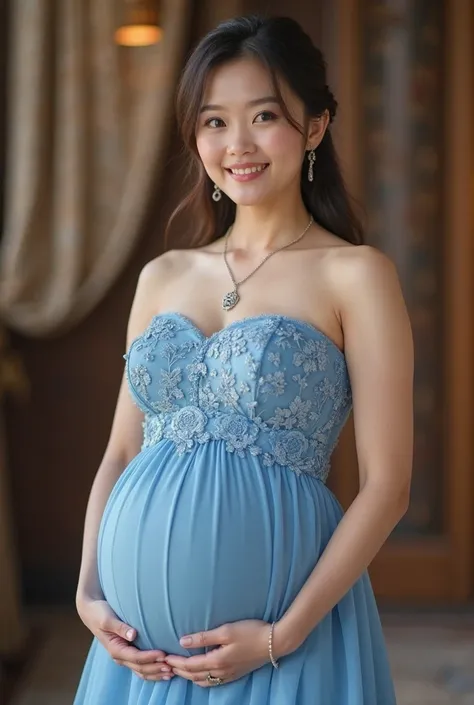 mid pregnant japanese bridesmaide in strapless blue dress, large breasts