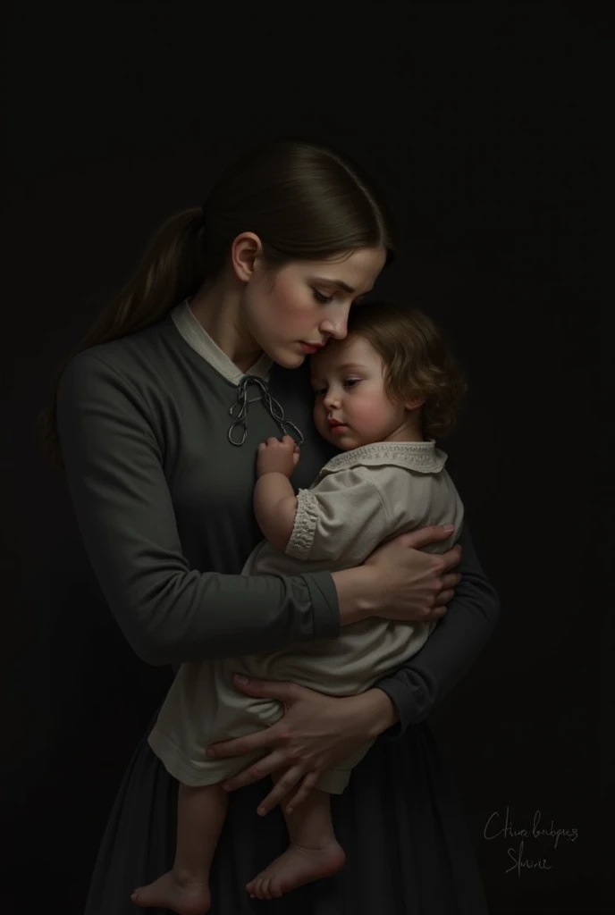 Mother and two-year-old daughter alone in a room with a dark background, mothering alone,  period clothing