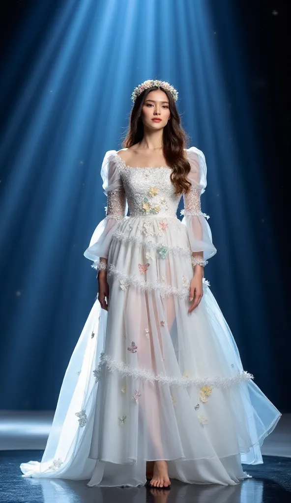 Young woman, light-medium skin tone, 20s-30s age range, radiating confidence and grace.  Elegant, ethereal white gown adorned with delicate, pastel-colored butterfly appliqués and floral embellishments.  Soft, flowing chiffon fabric, layered in tiered ruff...