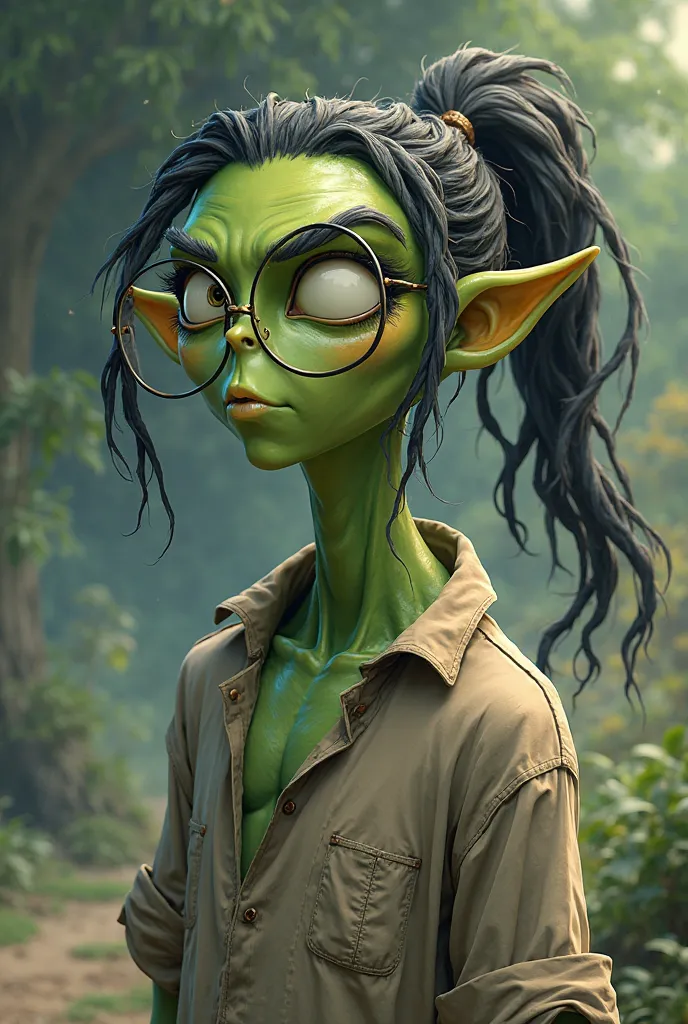  an alien , green man, similar to the ninja turtle with dread hair tied in a ponytail,  shirt wear round glasses, anime style