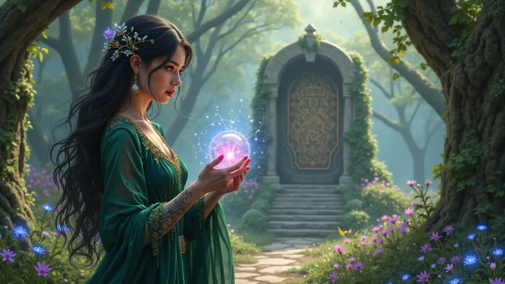 A breathtakingly realistic and intricately detailed scene featuring a captivating woman practicing magic in an enchanting ancient setting. She stands in a clearing surrounded by towering, ancient trees, their thick trunks covered in vibrant green moss and ...