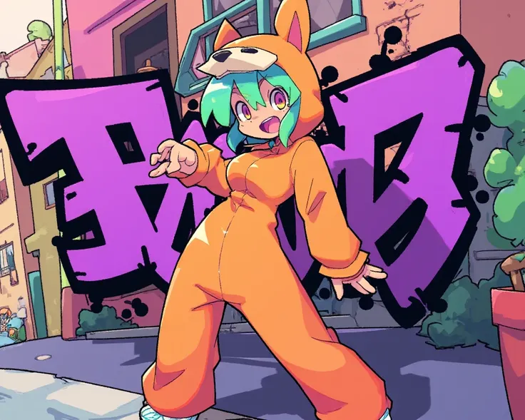 green hair girl, capybara costume, violet and black graffiti background, funny pose, funny expression, full body focus, postcard style, 2d anime style, thick line.