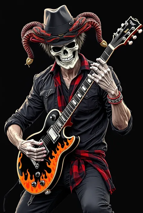 Logo for a rock band/Metal call "Yesters" with a Harlequin skeleton metal guitarist, only with a black SG with orange flames, short hair dark military color , black glasses, Typical harlequin hat with black and red rattlesnakes merged with Galera,  black l...