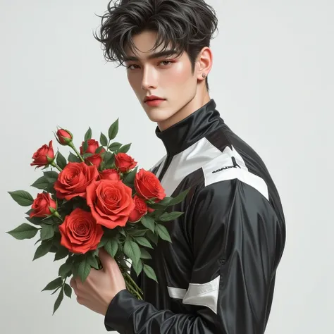 Korean men,, white, yellow, , Wearing a black and white racing suit, his right hand hugs a large bouquet of roses.