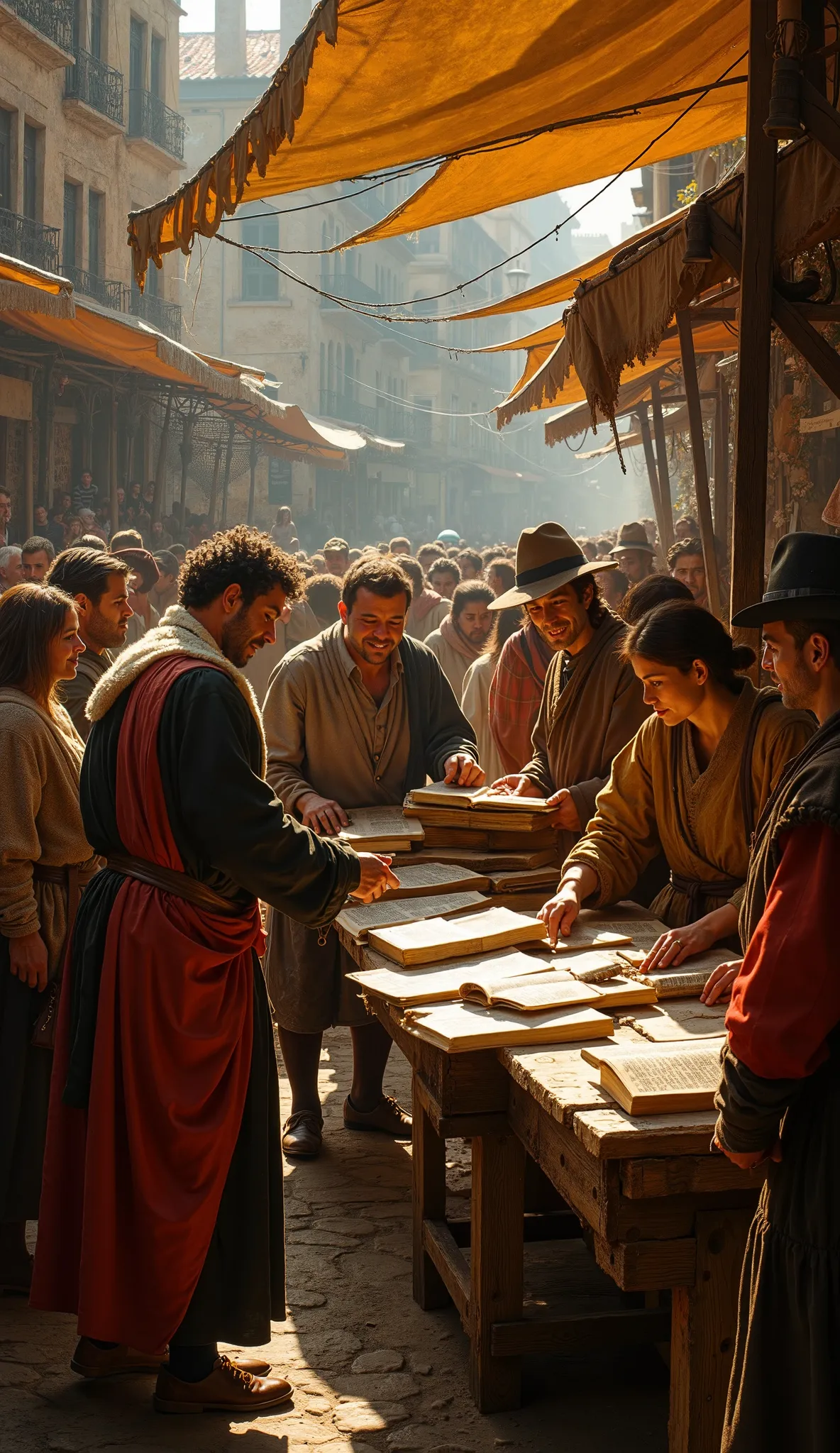 A dynamic oil painting depicting a busy European marketplace (circa 1460) where printed materials are being sold for the first time. Shot from an elevated perspective looking down at the bustling scene, people from different social classes gather around a ...