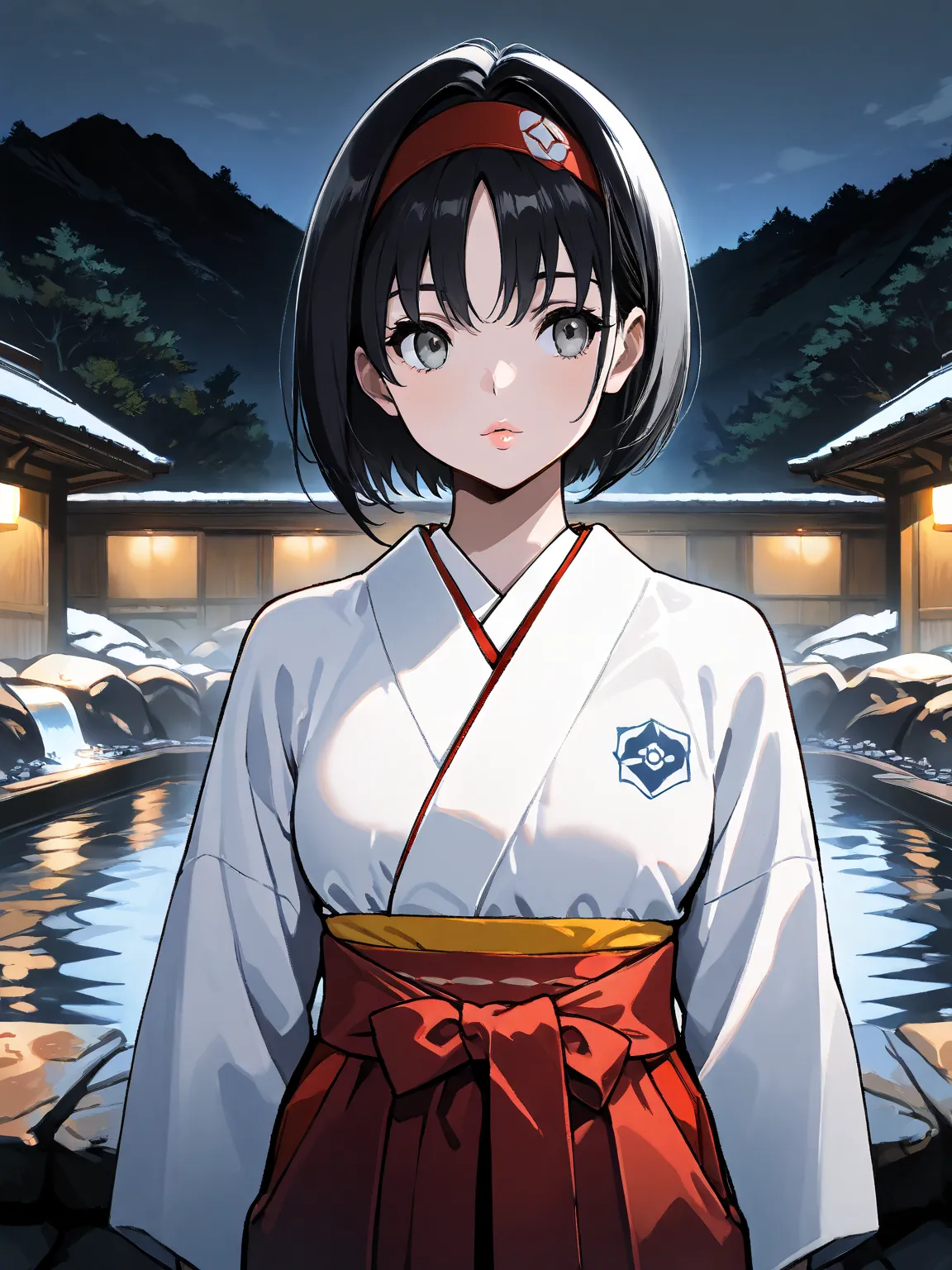 zzErika, Grey Eyes, Short black hair, kimono, japanese clothes, Hakama,  red hairband , 8K, obra maestra, best quality, ultra detailed, Intricate details, hyper quality, high detail, professional lips, hdr, cinematic lighting, Panoramic view, beauty eyes, ...