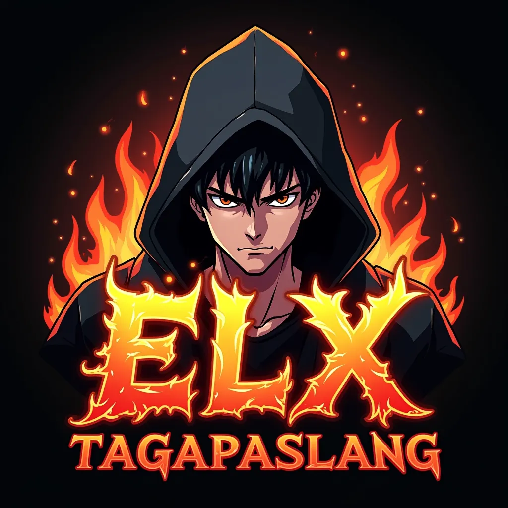 Create logo, a words ELX TAGAPASLANG, fire font, fire, a man boy head with hood character anime, character anime, animation, aggressive