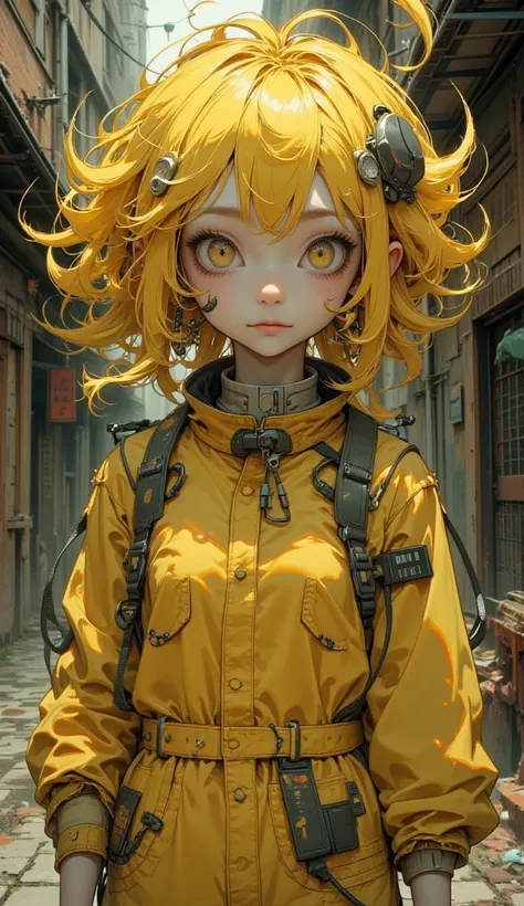 Tim Burton style、young woman、yellow hair 、yellow coverall 、full body、