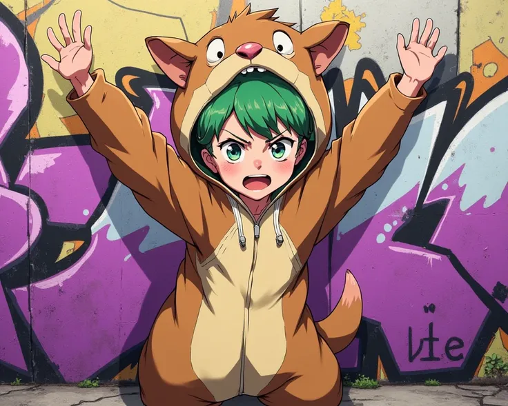 green hair girl, capybara costume, violet and black graffiti background, funny pose, funny expression, full body focus, postcard style, 2d anime style, thick line.