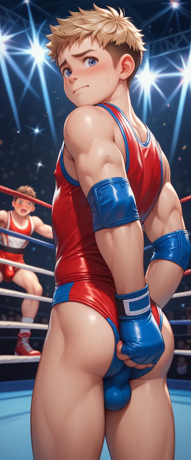 2 Young men, shota, Wrestling in uniform, red singlet, Wrestling mat, being watched, embarrassed, bulge, Aroused, hard penis outline in clothes, cute butt