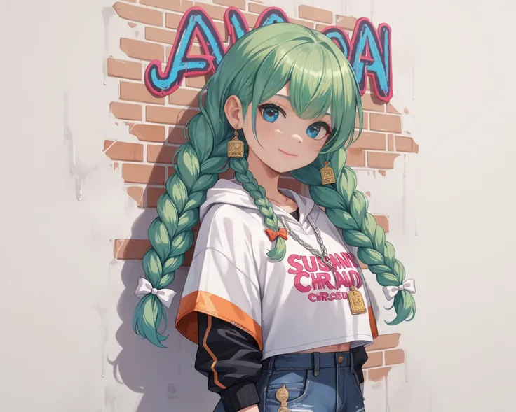 1 loli, braids behind the head,  top preto, May, with a graffiti wall,  multi-color hair color, blue eyes, Sensual,  crusade