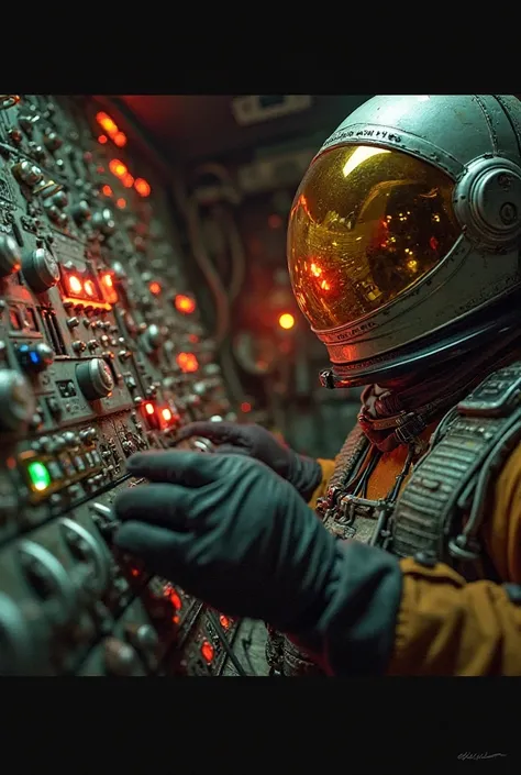 🔹  Perspective: first person falls, inside the Vostok 1.
🔹 What do you see: Yuri's gloved hands holding the worn metal controls. Ahead, a panel filled with buttons illuminated in red and green, with indicators in Russian. In the corner of the view , reflec...