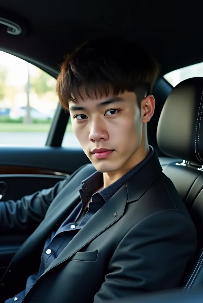 A 19-year-old young man with short black hair, half a centimeter long, weighing 88 kilograms and 180 centimeters tall, wearing a shirt and a black suit, is sitting in a luxurious 2020 Mercedes S-Class. The picture was taken from the passenger seat.