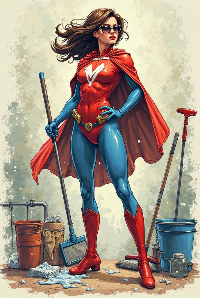 You have a female cleaning superhero with the colors red and blue,  with a  "m" on the chest and different cleaning things around bottomless,  that it looks like a drawing 