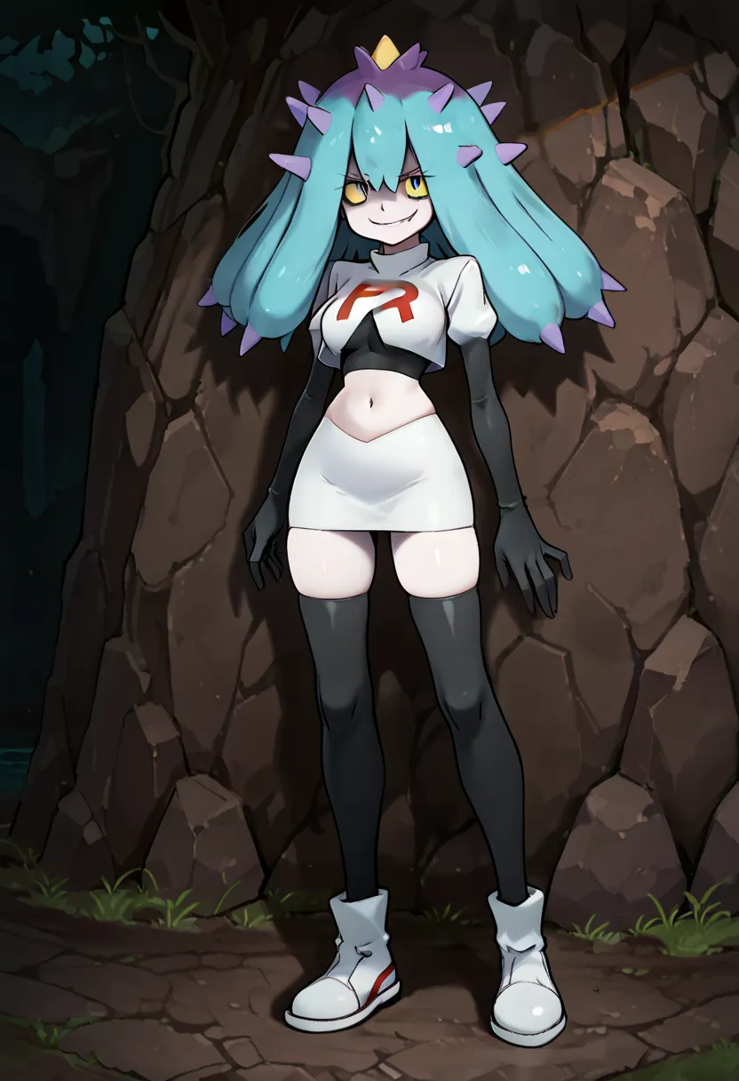 obra maestra, the best quality, BREAK, medium breasts, wide hips, skin indentation,  zzmareanieg,  Blue Hair, sneakers with nails, colored sclera, yellow sclera,  very pale skin, multicolored hair, purple hair, team rocket,team rocket uniform,falda blanca,...