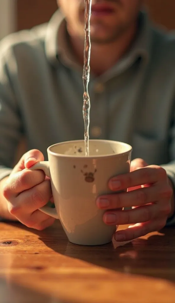 Create a Disney Pixar style close-up shot of Sam’s hands holding a ceramic cup with a visible crack in a cozy wooden kitchen. The subject is placed in the lower half of the frame and is showing water pouring in and immediately leaking from the crack. The p...