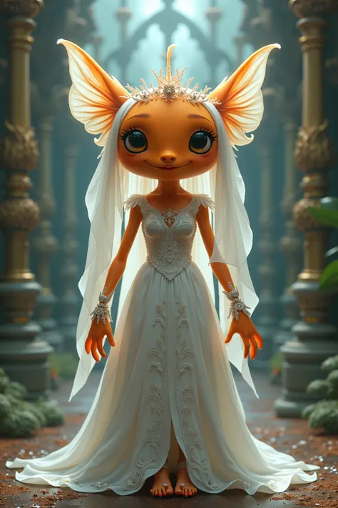 generate images of kawaii character of (goldfish head) zany scarecrow with a fantasy theme,(concept art),(fantastic atmosphere), (little smile), highly intricate gothic style white long dress with white veil, elegant, and visually striking, highly detailed...