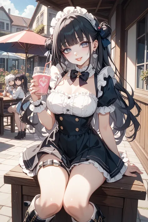 long black hair、big eyes with heavy makeup、Dark makeup、pale pink lips、  white skin、Three sizes 86-60-88、D cup bust、white ruffle mini dress、 platform boots、silver earrings、 Mine Girl、18 years old、Yandere and Yandere、erotic cute 、Sexy Poses、intimate atmosphe...