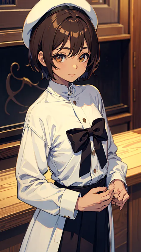 anime,  everyday wear、A beautiful boy who looks like a pretty girl with very short hair、brown skin、smile、Big cat eyes、ivory high neck shirt、brown small beret、Don&#39;t show your breasts、dark brown long skirt、apron、Cake shop、Front bust, best quality, 4K, 8k...