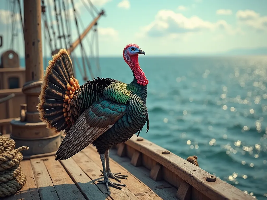 A turkey on a ship looking at the horizon