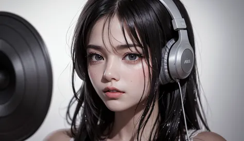 "A young woman with long, wet hair, wearing large studio headphones in black, is singing in front of a professional microphone with a pop filter. Black and white image style with soft lighting and calm atmosphere. The detail of her face is realistic, with ...