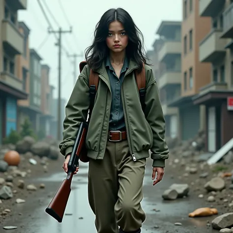  16-year-old girl , wavy black hair, green eyes, jacket, loose pants, boots, using backpack, holding a 12-gauge shotgun with both hands,  walking,  city, debris,  apocalyptic scenario , high resolution, Necessary, dancing, Ultra HD, High details. 4K. in fr...