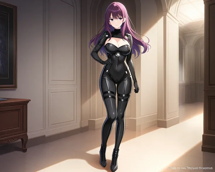 Best Quality:1.5, Hi-Res, 超Hi-Res, 4K, A Female Spy, Purple Hair, long hair, adult women,  Woman with Seductive Body , full body suit with open cleavage, Big Breasts,  dim room in the background