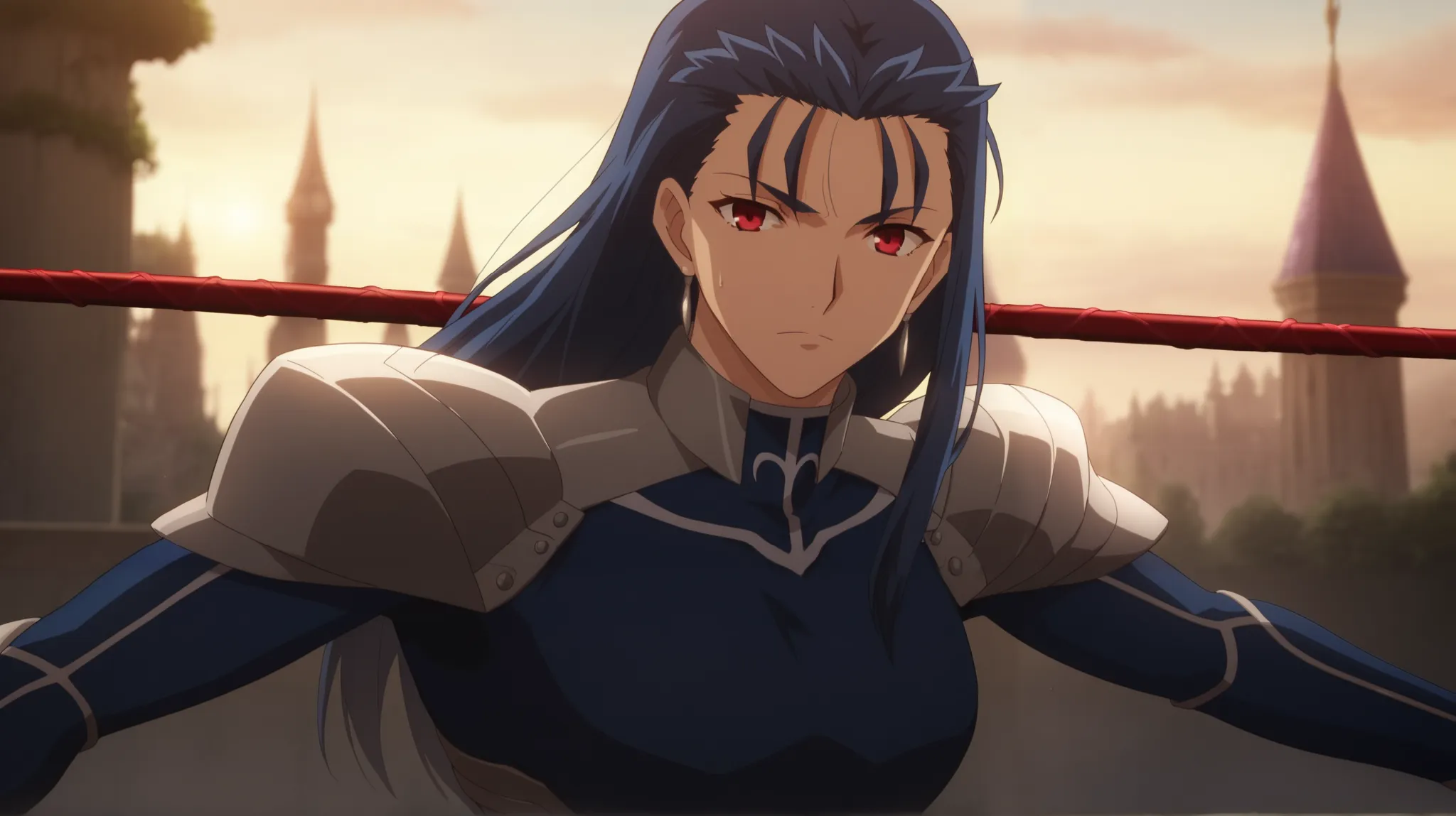 masterpiece, best quality, intricate details, anime screencap, , , looking at viewer, 1grl, solo, female focus, female version lancer_fsn, cu chulainn \(fate\), fate/stay night, blue hair, red eyes, long hair,  earrings, jewelry, armor, shoulder armor, pau...