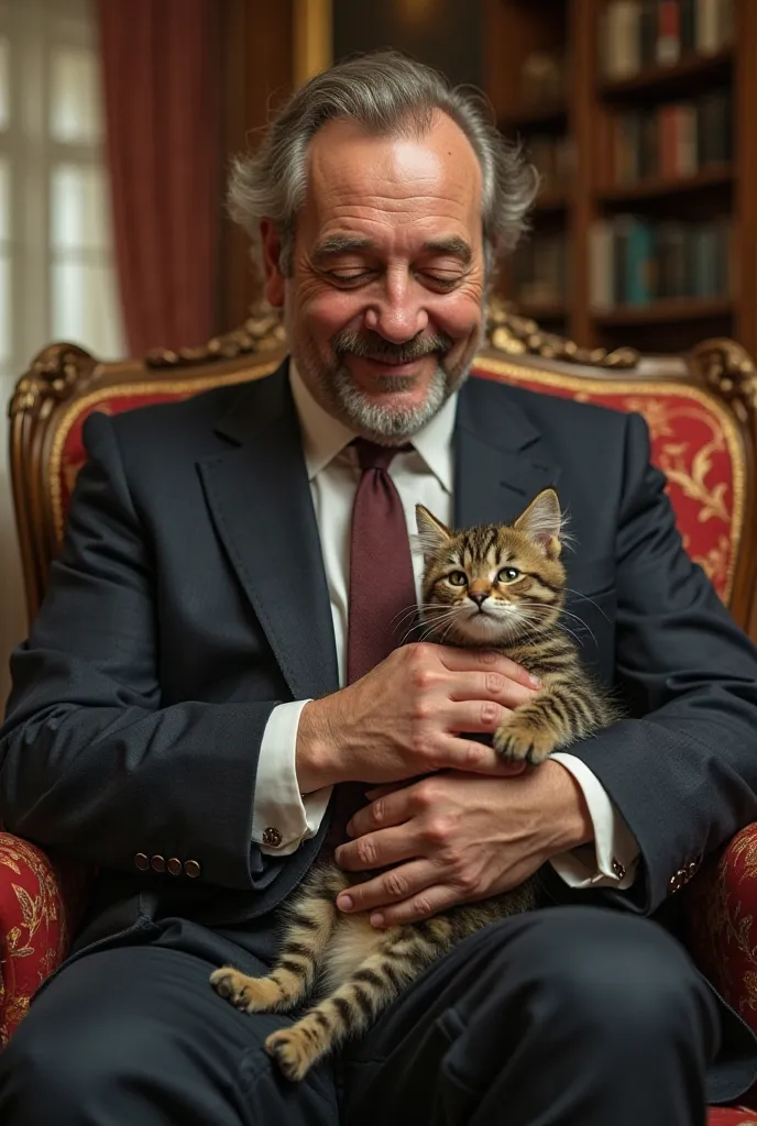 A man with money but not very graceful with a kitten in his lap that the kitten has green eyes and is very affectionate 