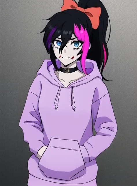 best quality, (masterpiece),(ultra-detailed), (high quality), (high resolution), nina the killer, white skin,  purple hoodie, black choker, pink hair, hood down, red bow,  long hair, black hair,  blood, two-tone hair, hood, bow, multicolored hair, holding ...