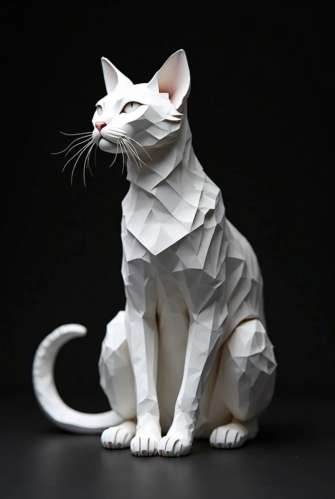 White cat in 3D cut paper art, black background.